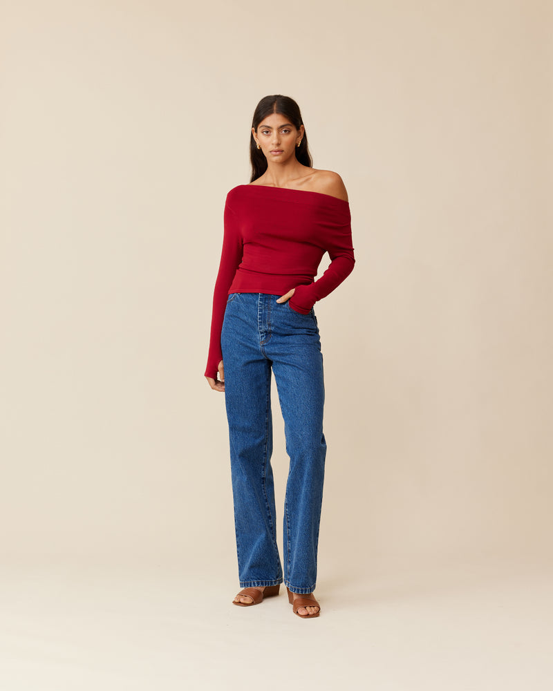 EMMA KNIT LONG SLEEVE SANGRIA | Off-shoulder long sleeve knitted top crafted in a mid-weight knit. This top is simple yet elegant and can be worn on or off the shoulder.