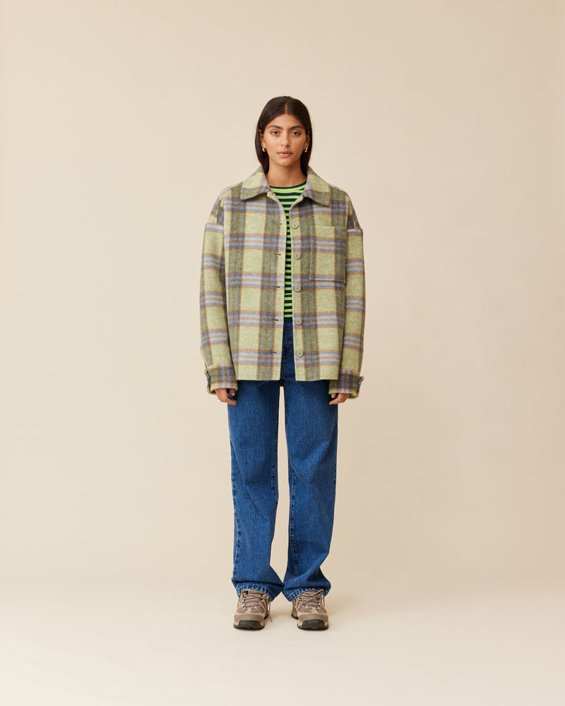 SIAN JACKET GREEN CHECK | Shirt style jacket, designed in a green and blue checked wool blend with green buttons. This piece is the perfect autumn coat, and great to layer with sweaters and coats...