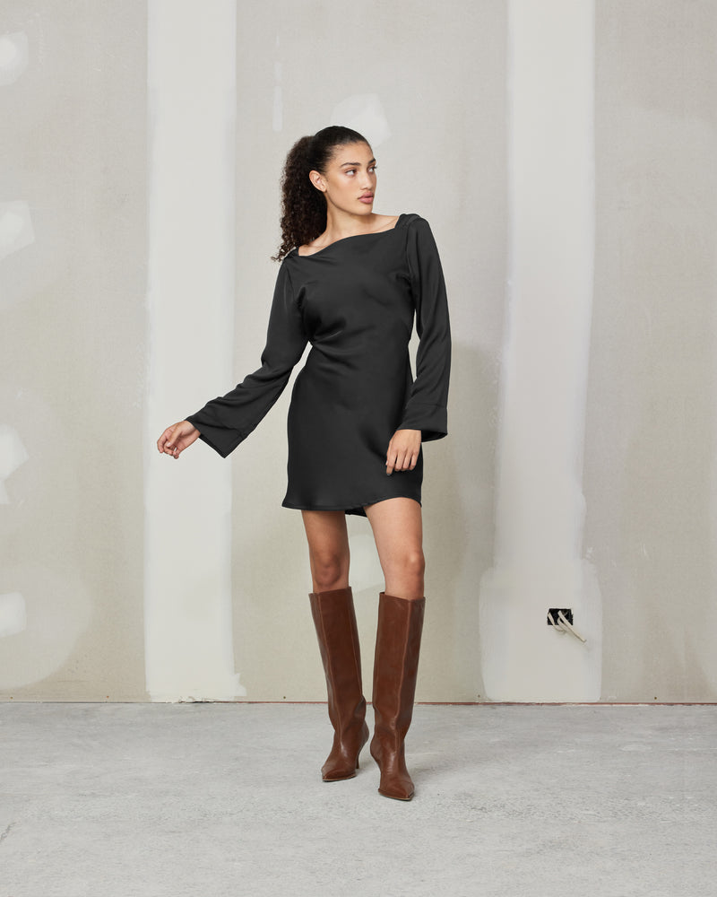 FIREBIRD SATIN COWL MINI DRESS BLACK | 
Long sleeve mini dress crafted in lush black satin. A minimal silhouette with a cowl back detail and a tie to cinch in the waist.
