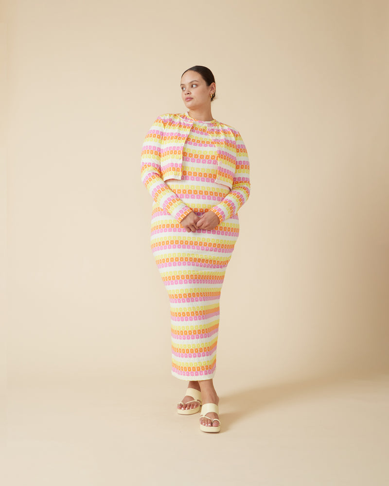 GOLDIE CARDIGAN PINK MULTI | Longsleeve knit cropped cardigan designed in the iconic RUBY Goldie floral in a new pink, yellow and orange colourway. Features matte buttons and pairs perfectly with the Goldie Maxi Dress.