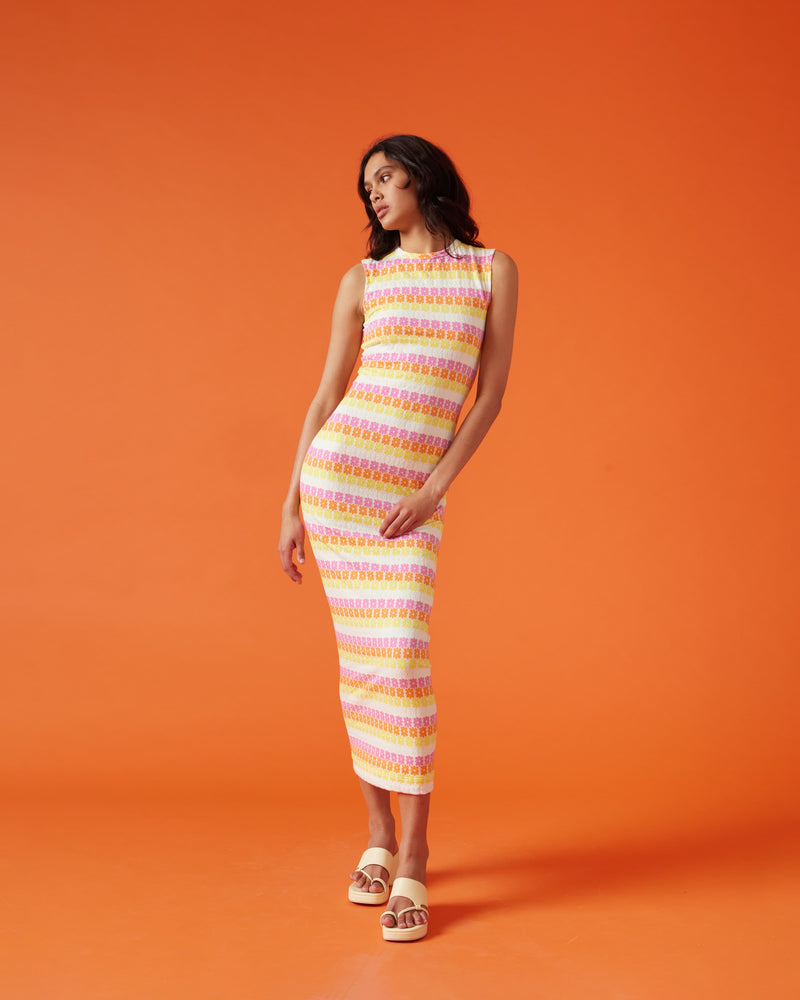 GOLDIE MAXI DRESS PINK MULTI | Rubettes you may recognise this iconic RUBY daisy floral… Imagined in a new pink, orange & yellow print, Goldie is back! Spring is here with the Goldie sleeveless knitted maxi...