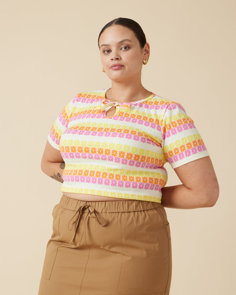 GOLDIE T-SHIRT PINK MULTI | Cropped t-shirt with a feature key hole and tie detail at the neckline, designed in the iconic RUBY Goldie floral in a new pink, yellow and orange colour way. This...