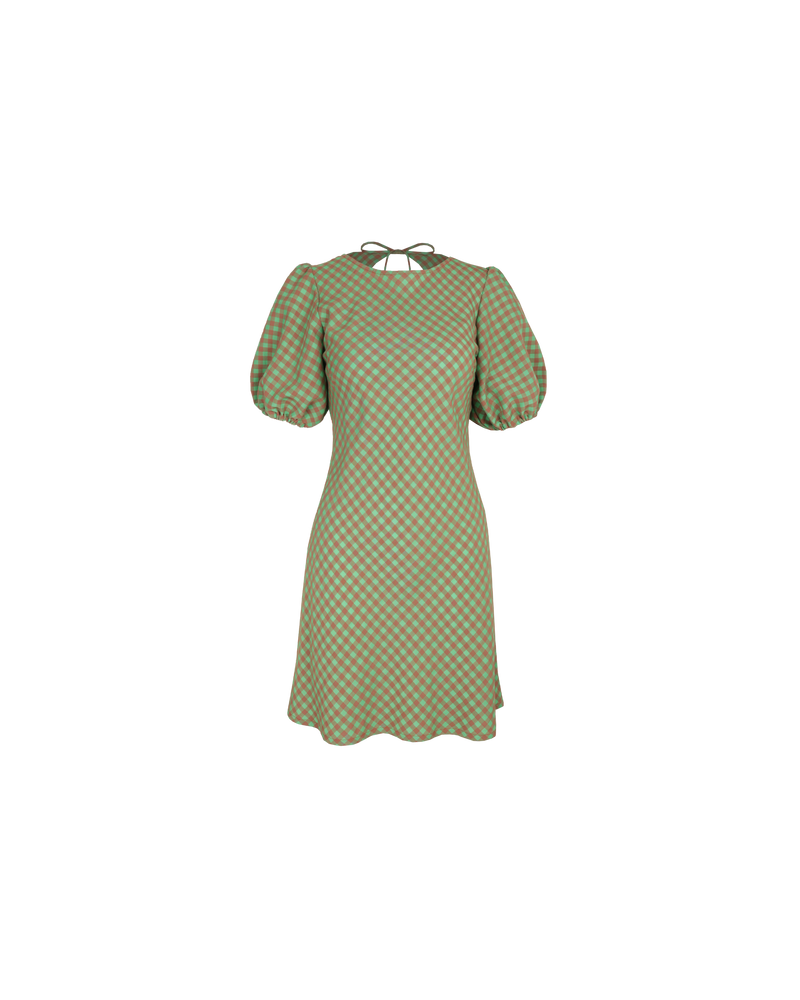 KENDALL GINGHAM MINI DRESS GREEN AND BROWN GINGHAM | Our iconic Kendall Mini dress is back in a new green and brown gingham. Features a bias-cut with puff sleeves, and an open back secured by long ties at the...