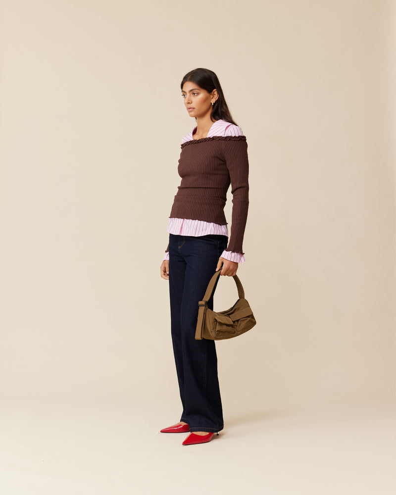 LOLLO LONG SLEEVE CHOCOLATE | This off-the-shoulder long sleeve top features a delicate ruffle along the neckline, complementing its ribbed texture throughout. Pairs perfectly with the Lollo Tank.