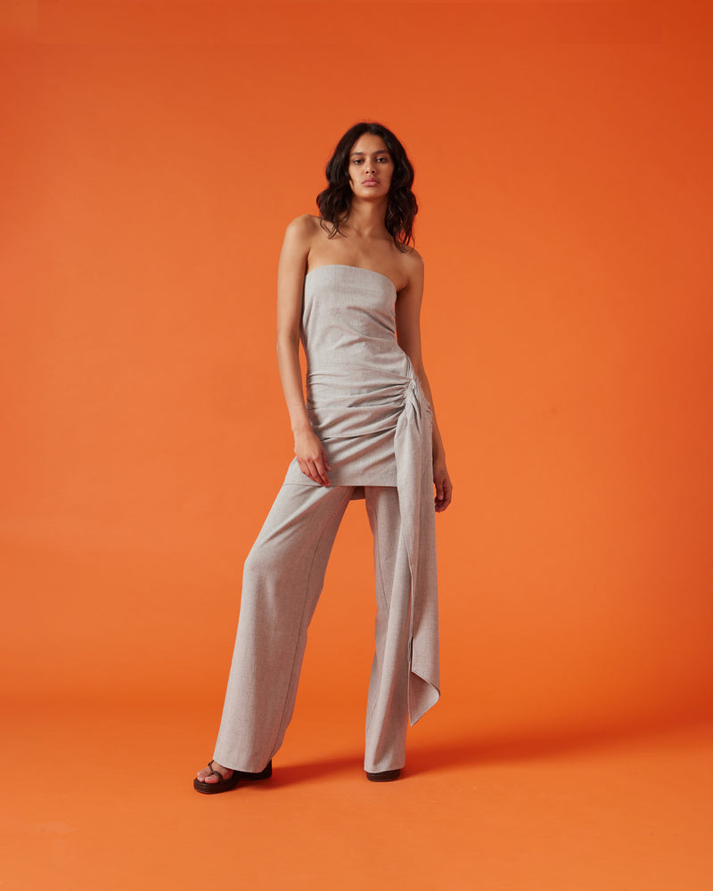 LOU PANT GREY CHECK | High-waisted wide-leg pant designed in a grey cross hatch suiting fabric with stretch. Fits comfortably around the waist and falls into a straight, relaxed leg.