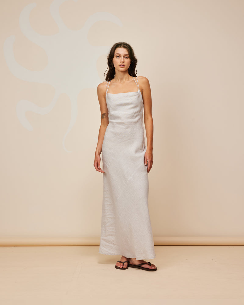 NAIA LINEN MIDIDRESS GREY MARLE | Bias cut linen maxi dress with a cowl neck, crossover back straps and side split. The bias cut allows the linen to skim the body in all the right places.