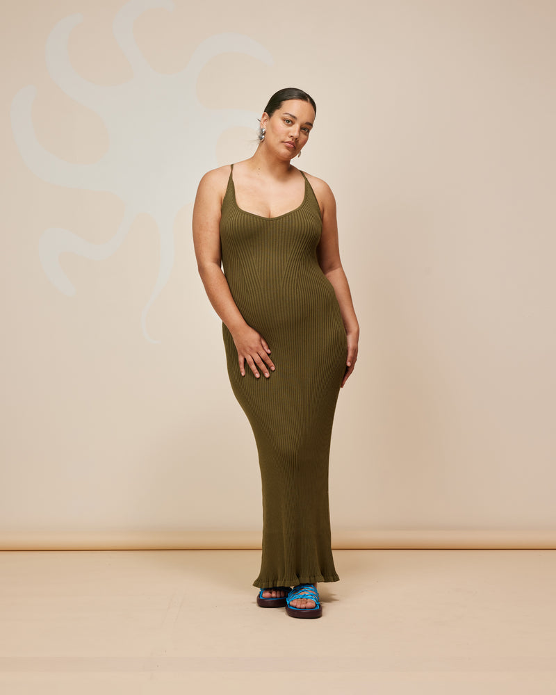 RINA DRESS KHAKI | Ribbed knitted maxi dress designed in a khaki colourway. This staple dress can be worn many ways by adjusting the straps, giving you 4 options in 1.