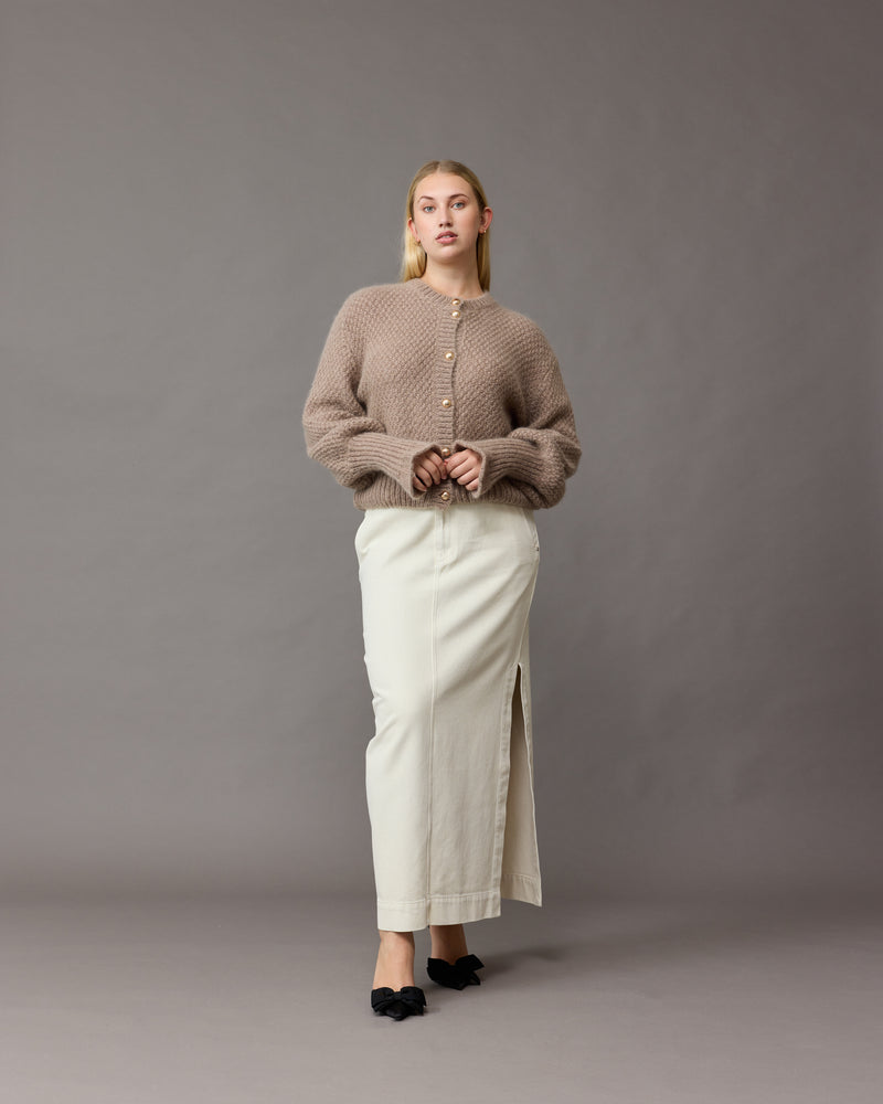 MATILDA CARDIGAN HAZELNUT | Button-down cardigan with gold metallic dome buttons and a slightly puff-shouldered silhouette. Features an exaggerated flute cuff crafted in a chunky mohair and wool blend.