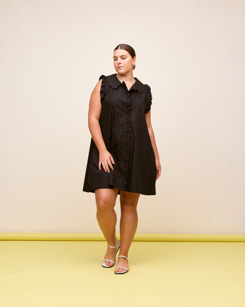 SANDLER MINI DRESS BLACK | Button down cotton mini dress with a feature ruffled collar and ruffles down the placket. Feature side pockets and an A-line silhouette.