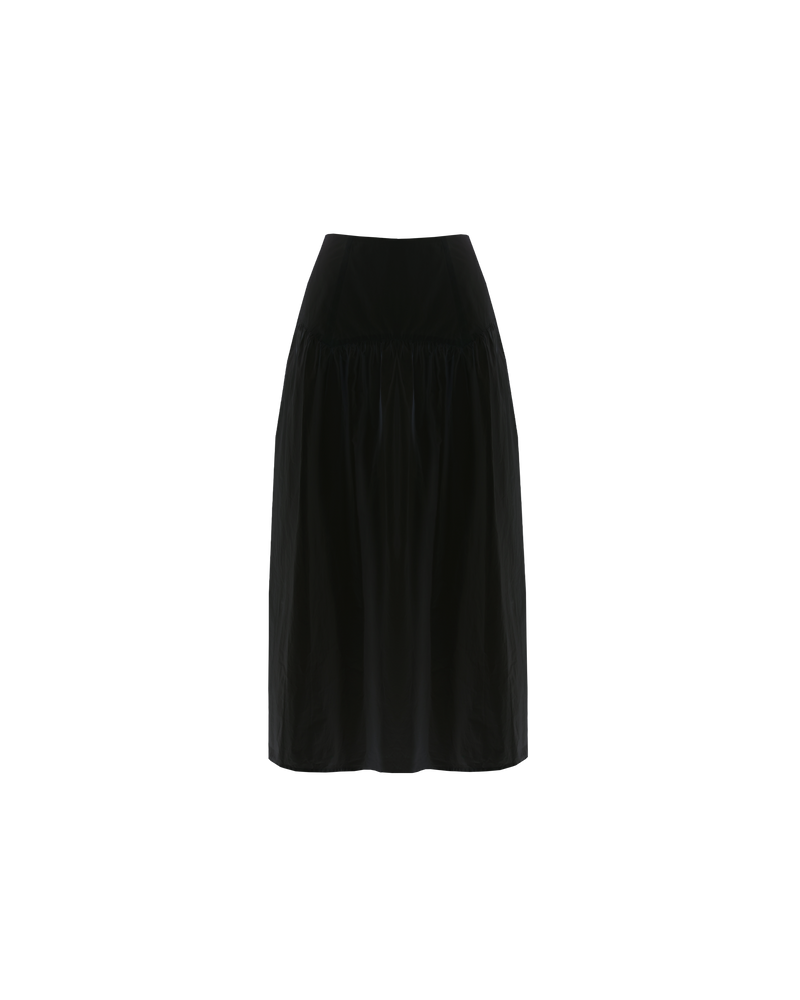 TRULLI SKIRT BLACK | Floaty basque style maxi skirt imagined in a black cotton poplin fabric. This skirt features a bodice-style waistline, that falls to a full, wide skirt.