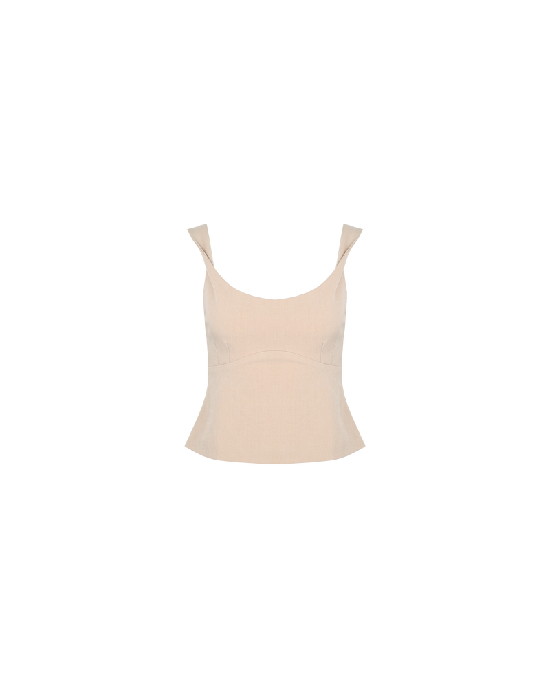 RUE BODICE CAMEL | Sleeveless bodice style cami with a round neckline designed in a camel coloured mid weight fabric. Features a twist detail at the straps and a curved hemline that compliments the...