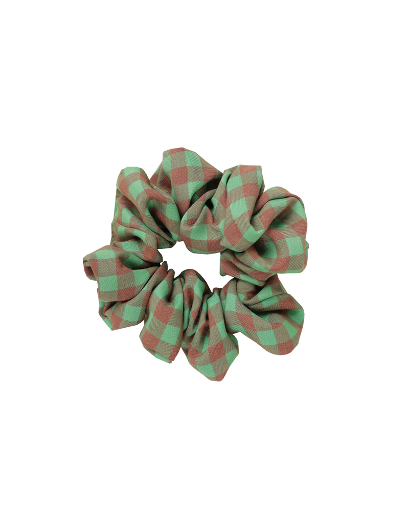 SABRINA SCRUNCHIE GREEN AND BROWN GINGHAM | Small scrunchie made from the offcuts of our Sequence 2024 collection.