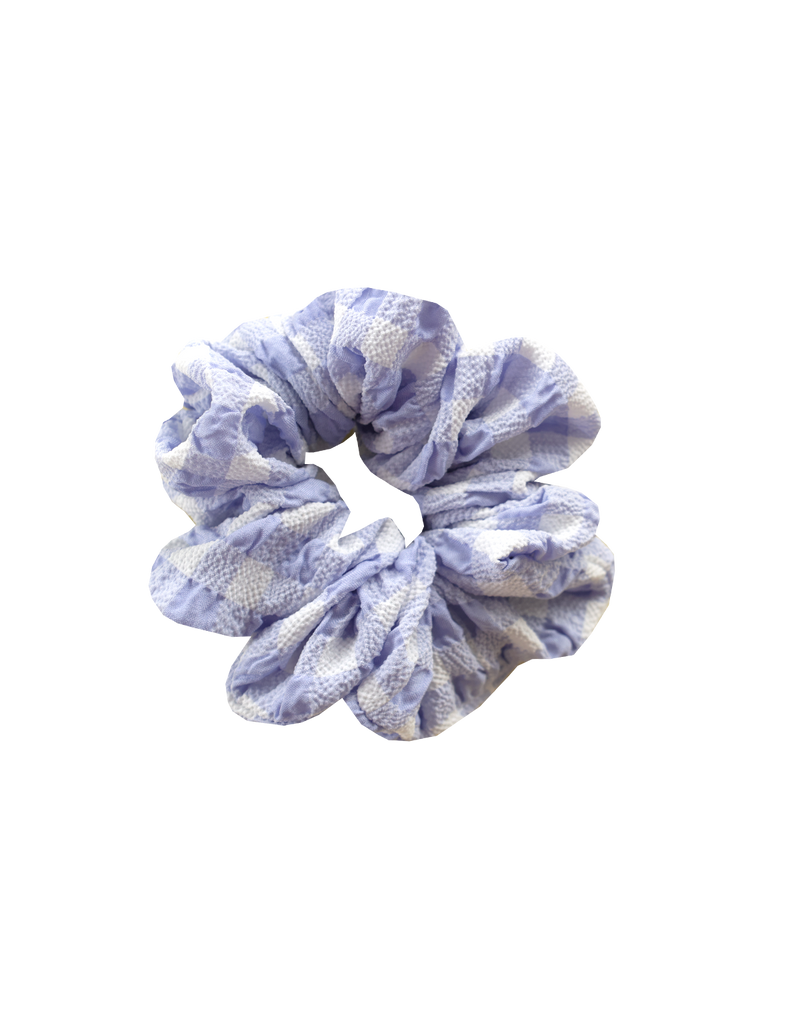 SABRINA SCRUNCHIE PERIWINKLE GINGHAM | Small scrunchie made from the offcuts of our Spaces 2023 collection.