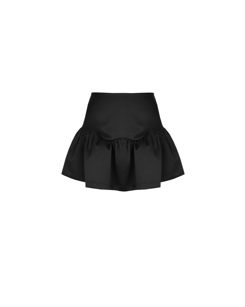 SAKURA MINI SKIRT BLACK | Ruffle hem mini skirt designed in a luxe heavy-weight satin. The weight of the fabric makes the ruffles structured, giving this skirt a wavy peplum look.
