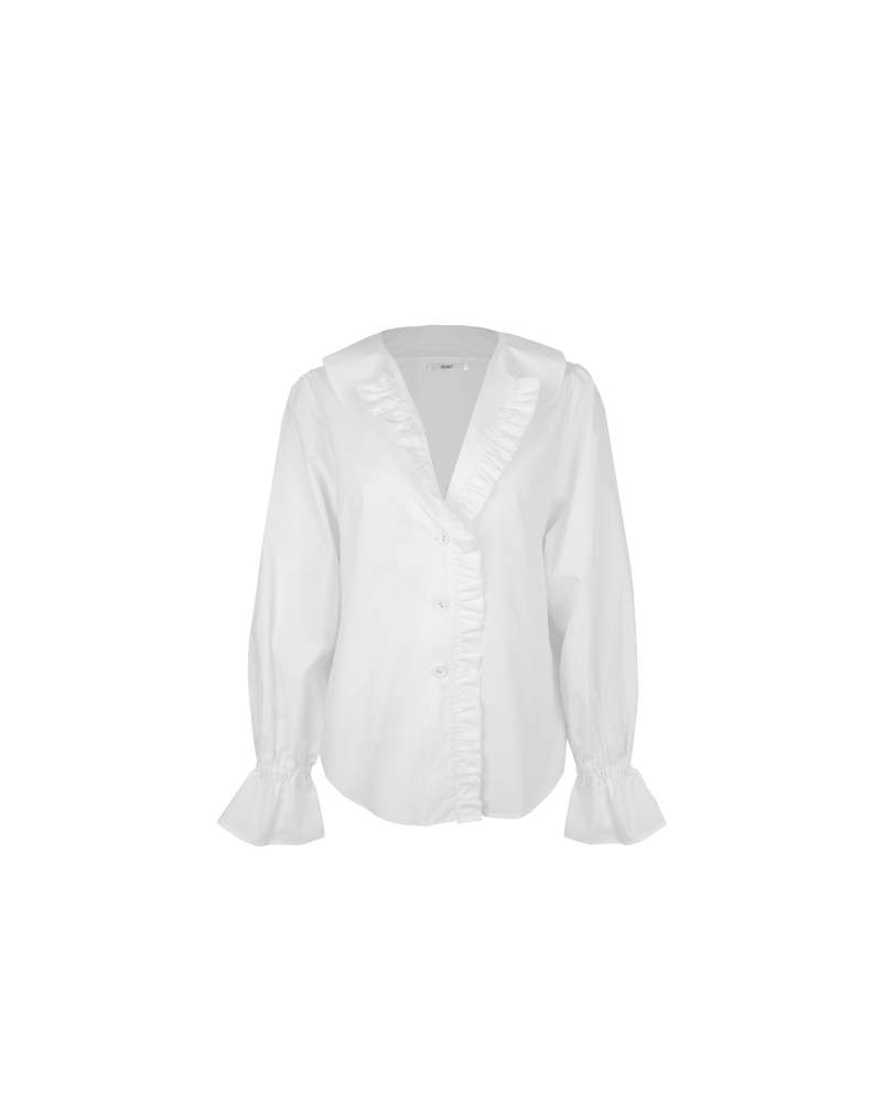 SANDLER RUFFLE SHIRT WHITE | Longsleeve white shirt with ruffles down the placket and a rounded collar. This top features elasticated ruffle cuffs, this piece is an elevated take on the classic white shirt.