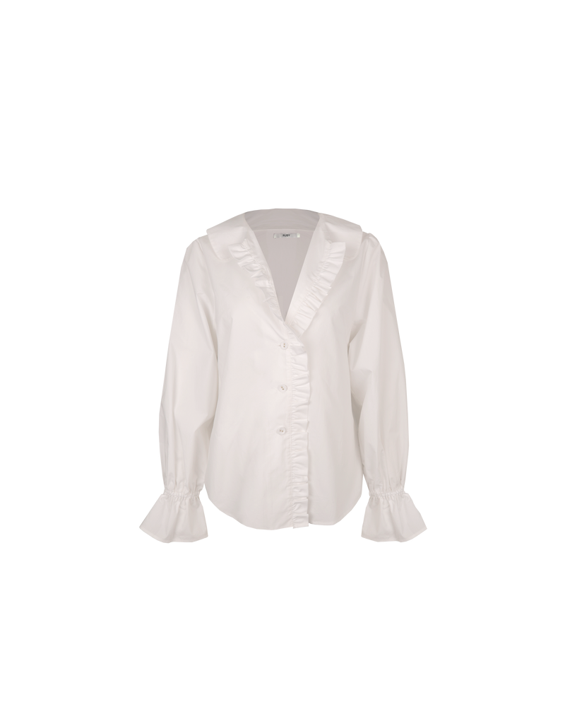 SANDLER RUFFLE SHIRT WHITE | Longsleeve white shirt with ruffles down the placket and a rounded collar. This top features elasticated ruffle cuffs, this piece is an elevated take on the classic white shirt.