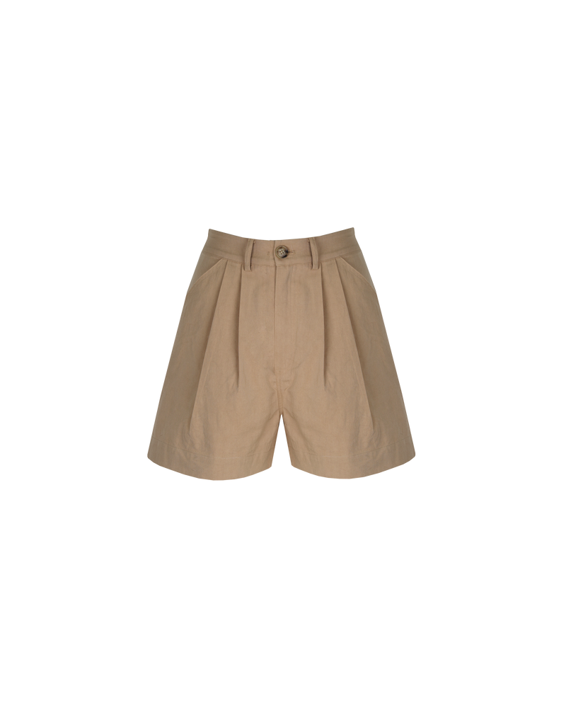SANDLER SHORT CAMEL | Chino style A-line short designed in a mid-weight tan cotton drill. The front tucks and longer length give these shorts a vintage look.