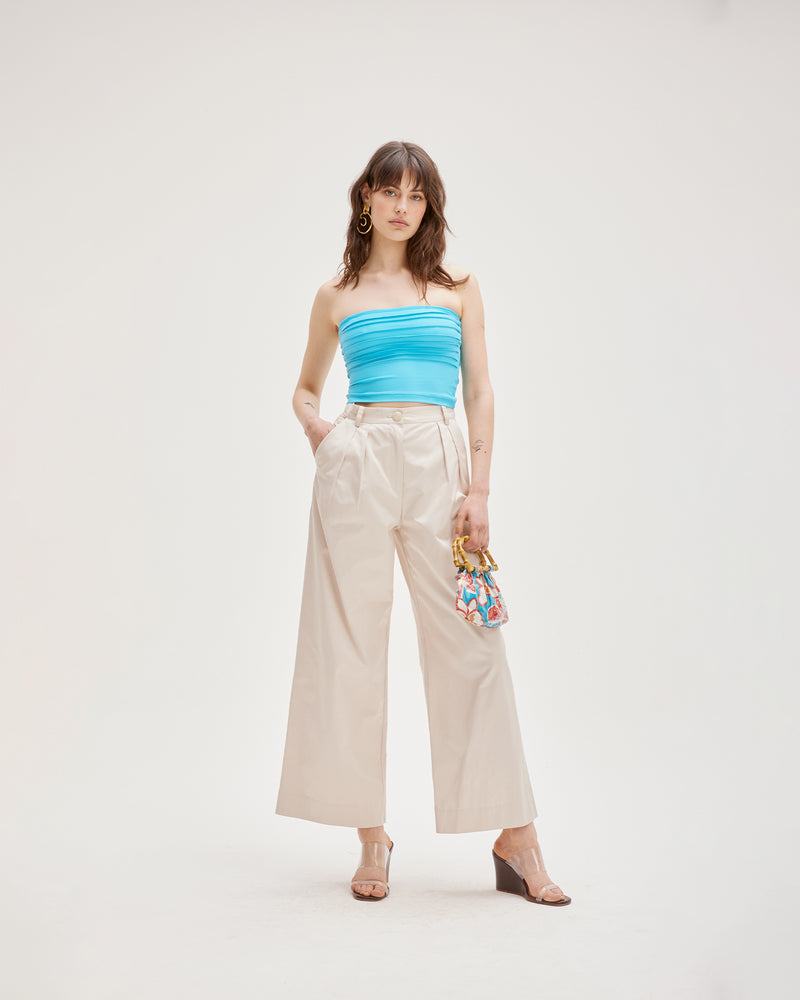SNORKEL TUBE TOP PACIFIC BLUE | Cropped tube top with feature ruffle detailing along the front cut in a pacific blue stretch material. This piece can be worn on its own or as a layering piece...