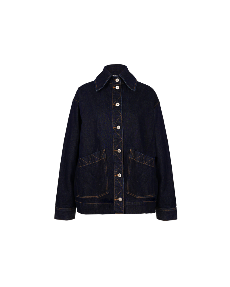 SODA DENIM JACKET UNWASHED | This denim jacket offers a timeless workwear aesthetic complete with contrast stitching and angled front pockets, in a raw denim. Features a curved back yoke detail and zig-zag stitching down the...