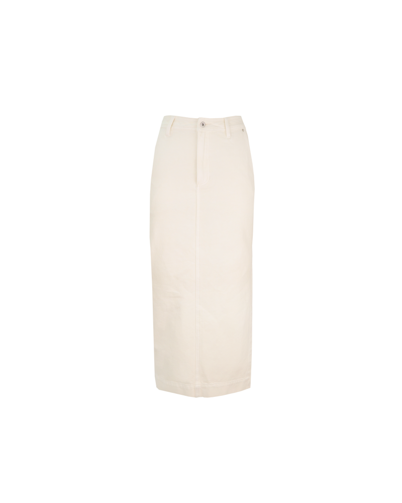 SODA DENIM SKIRT CREAM | Mid-rise maxi skirt designed in a cream denim. Features a patched back pocket, a side split for ease of movement, and 2 side pockets. A versatile and easy wardrobe staple.