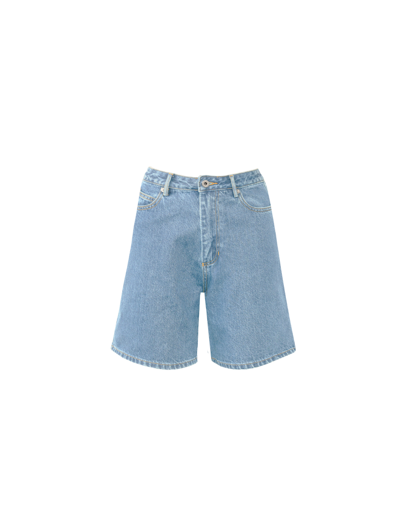 SOLAR RELAXED SHORT LIGHT BLUE | Vintage inspired highwaisted short designed in a stone wash mid-weight cotton denim. Sitting slightly A-line and offering a longer length fit, these shorts sit relaxed and easy in the warmer...