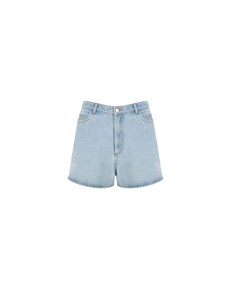 SOLAR DENIM SHORT LIGHT BLUE | Vintage inspired highwaisted short designed in a light blue mid-weight cotton denim. Sitting slightly A-line, these shorts sit relaxed and easy in the warmer weather.