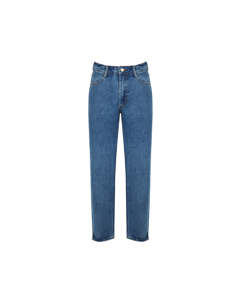 SOLAR JEAN INDIGO | Straight leg relaxed fit jean with a highwaist. Features a 'heart' shape detail on the back pockets and a subtle side split at the hem.