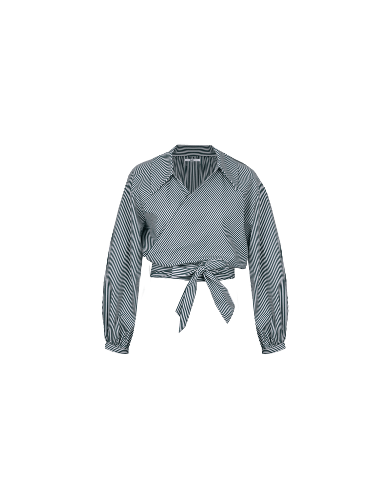 SOOKIE WRAP SHIRT DARK GREEN STRIPE | Longsleeve wrap shirt designed in a dark green striped cotton with a soft sheen. This shirt features cuffs that give a subtle balloon detail to the sleeves, while the ties are long...