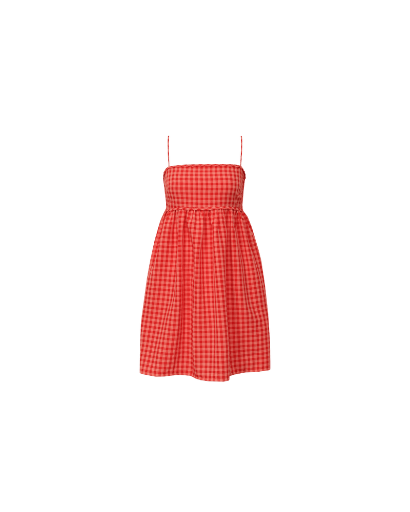 SPRITZ MINIDRESS STRAWBERRY PEACH GINGHAM | Cotton bandeau mini sundress cut in a strawberry and peach gingham, featuring a shirred back, straight neckline and pockets for your essentials. This piece is softly gathered under the bust and falls into...