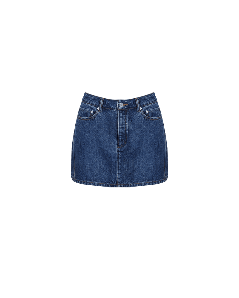 SUBLIME DENIM MINI SKIRT INDIGO | Denim mini skirt designed in an indigo wash. This skirt features a twisted side seam detail, a RUBY spin on a classic denim mini.