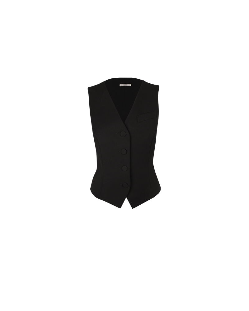 SWEENEY VEST BLACK | Tailored vest with front darts, single breast pocket detail and self-covered buttons, with a tie at the back to further cinch the waist. This piece is a chic interpretation of...