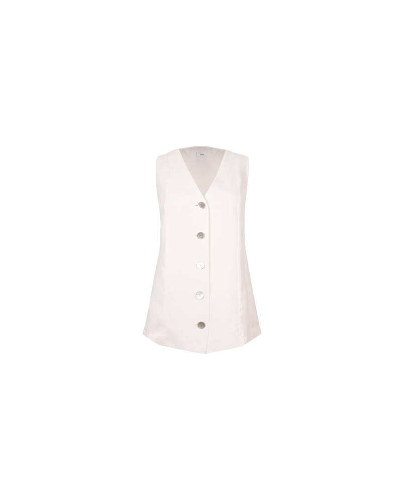 THELMA VEST WHITE | Long-line vest designed in a soft white cupro. Features paneling, a waist tie at the back and white buttons for a sleek look. This piece is versatile in that it can be...