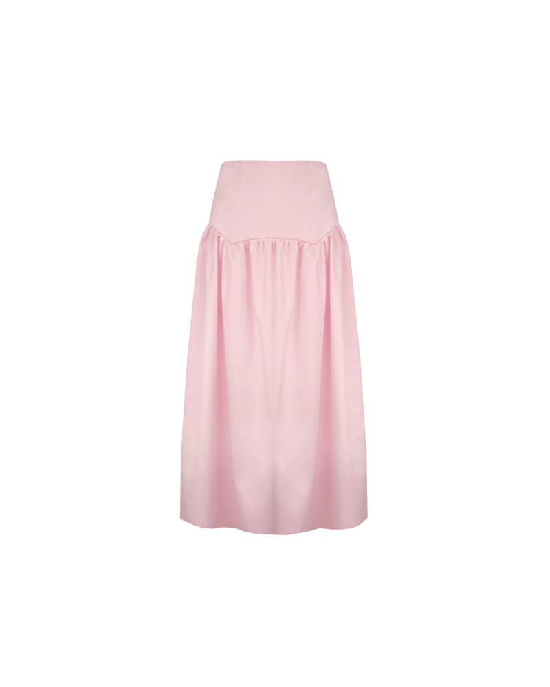 TRULLI SATIN SKIRT SOFT PINK | Floaty basque style maxi skirt imagined in a soft pink satin. This skirt features a bodice-style waistline, that falls to a full, wide skirt.
