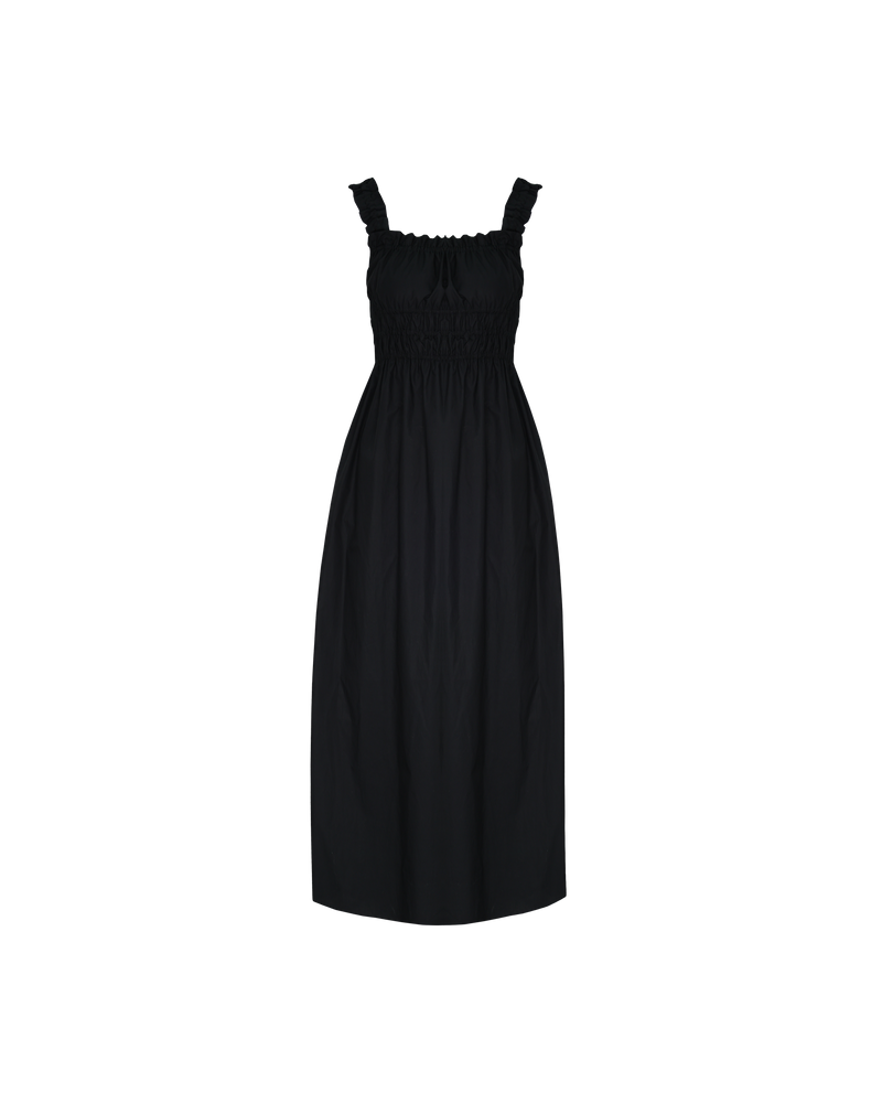 TRULLI DRESS BLACK | Sleeveless cotton midi dress with a square neckline and shirred bodice and straps. This dress falls to a full A-line skirt, that features pockets to house all your essentials.