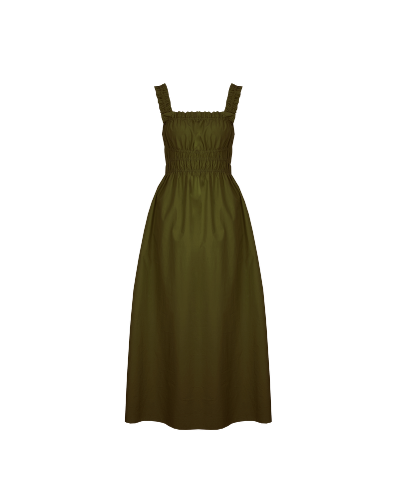 TRULLI DRESS KHAKI | Sleeveless cotton midi dress with a square neckline and shirred bodice and straps. This dress falls to a full A-line skirt, that features pockets to house all your essentials.