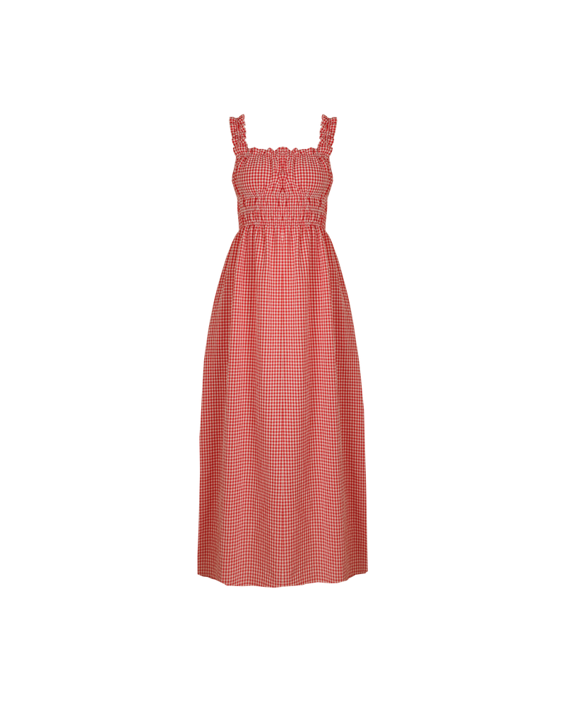 TRULLI DRESS RED GINGHAM | Sleeveless cotton midi dress with a square neckline and shirred bodice and straps. This dress falls to a full A-line skirt, that features pockets to house all your essentials.