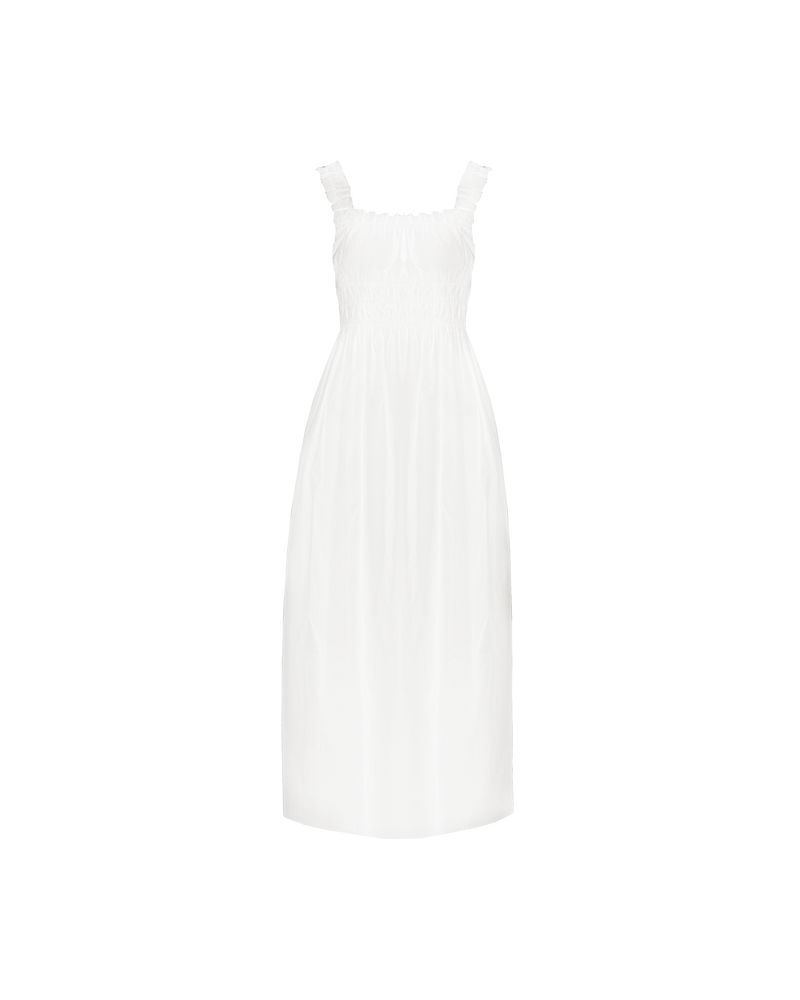 TRULLI DRESS WHITE | Sleeveless cotton midi dress with a square neckline and shirred bodice and straps. This dress falls to a full A-line skirt, that features pockets to house all your essentials.