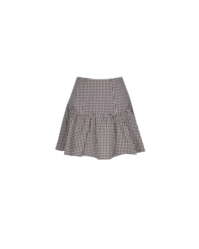 TRULLI MINI SKIRT BROWN GINGHAM | Floaty basque style mini skirt imagined in a brown gingham cotton. This skirt features a dropped bodice style waistline, that falls to a full skirt.