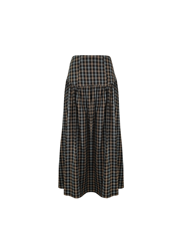 TRULLI SKIRT BLACK TARTAN | Floaty basque style maxi skirt imagined in a black tartan cotton. This skirt features a dropped bodice style waistline, that falls to a full, wide skirt.