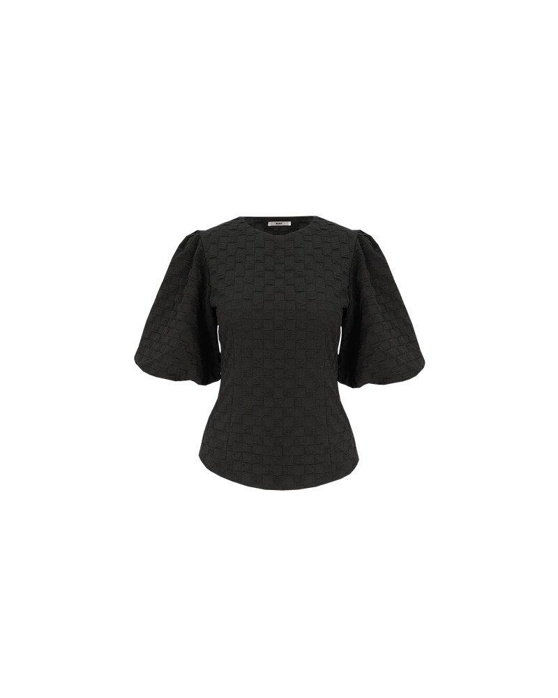 TULIP TOP BLACK | Puff sleeve blouse designed in a textured burnout checkered fabric. It features a keyhole button closure at back neck. The short sleeves are elasticated to create a voluminous puff silhouette.