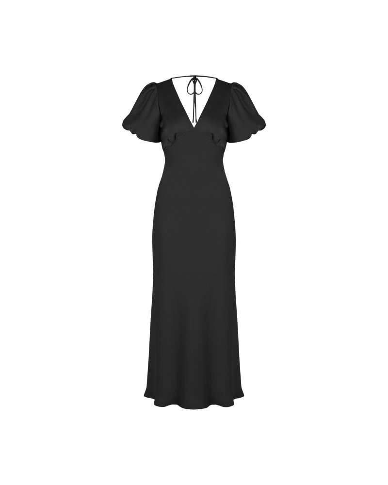 UMA SATIN DRESS BLACK | Bias cut satin maxi dress with tie closure and a V-neck front and back. Our much loved Uma Dress is back in a black satin, with elasticated puff sleeves and...