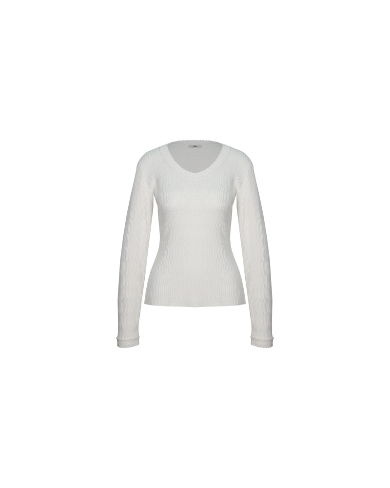 VANYA LONGSLEEVE CREAM | 
Braided knit long sleeve designed in a soft mid-weight knit with a plush hand-feel. This top has a neckline rib detail that adds to the luxe feel of the piece.