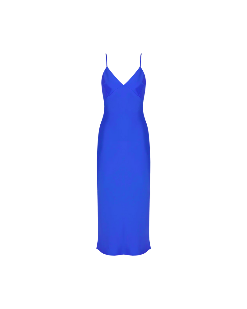 WEIRDLY SLIP ULTRA | Iconic bias cut slip dress with plunging neckline in a new longer length. A wardrobe staple in heavy weight double satin that is lush to wear, in a rich ultra blue shade.