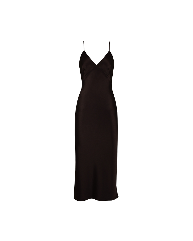 WEIRDLY SLIP ESPRESSO | Iconic bias cut slip dress with plunging neckline in a new longer length. A wardrobe staple in heavy weight double satin that is lush to wear, in a sheeny espresso...