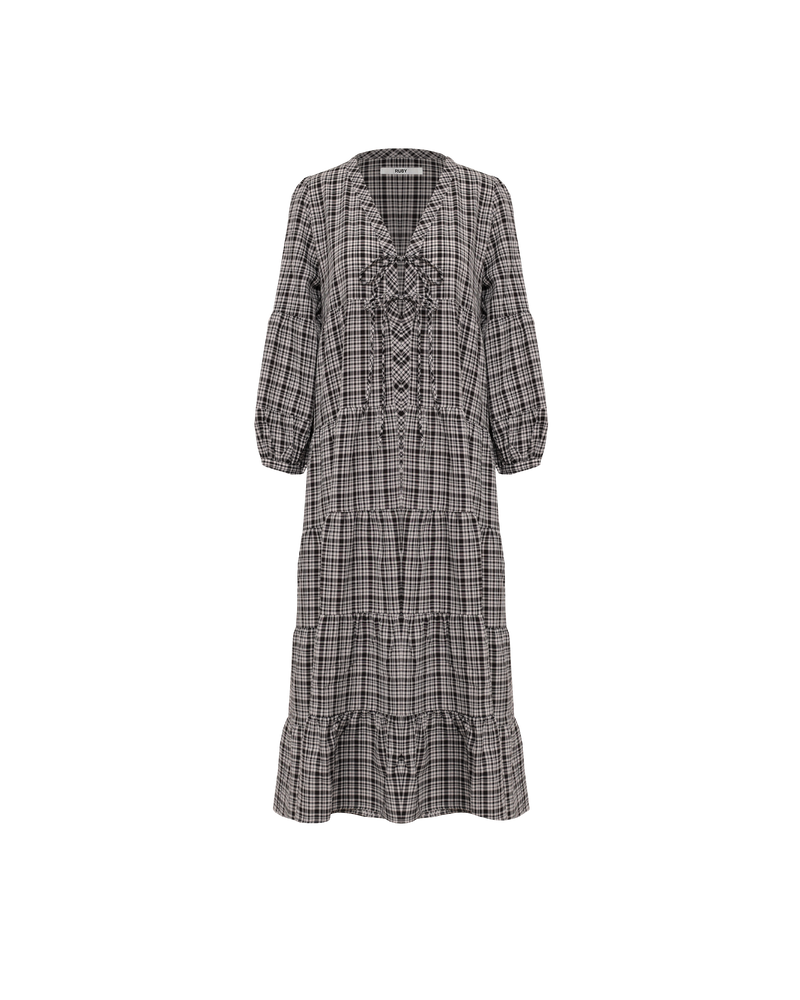 WREN TIERED MAXI DRESS BLACK CHECK | Longsleeve tiered maxi dress with V-neck and tie closure. Balloon sleeves and tiered ruching throughout the body gives this piece a floaty silhouette.