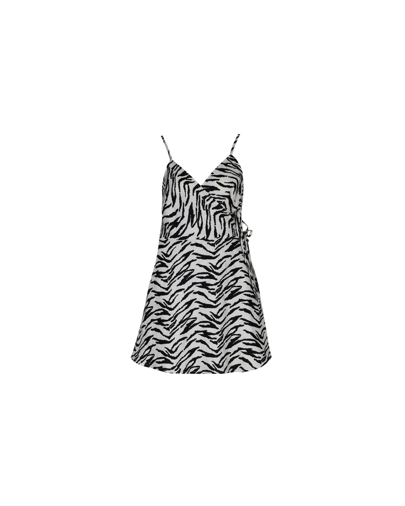 VENEDA WRAP DRESS ZEBRA | A-line wrap mini dress with a V-neckline and spaghetti straps. Features a double tie wrap, designed in a black and white zebra printed linen.