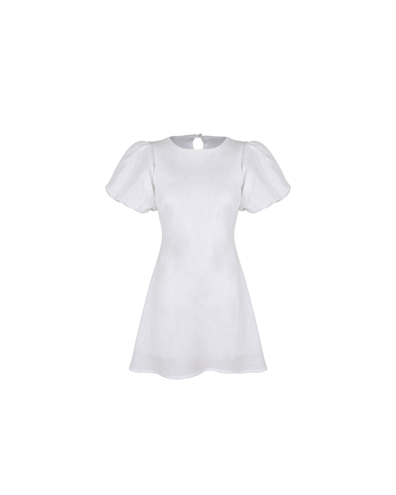 KENDALL LINEN MINI DRESS WHITE | Bias cut linen mini dress with puff sleeves and a keyhole button closure at the back neck. The bias silhouette of this dress gently contours the body, while the white...