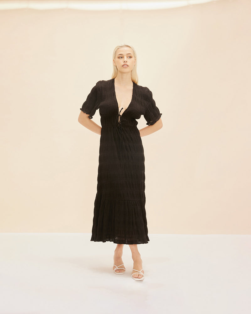 MIRELLA V-NECK DRESS BLACK | Short sleeve midi dress with a deep V-neckline and a double drawstring waist in the signature Mirella fabric, a delicate embroidered cotton. A timeless silhouette appropriate for every occasion.