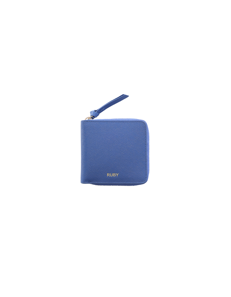 SQUARE ZIPPER WALLET COBALT | Square shaped compact leather wallet which has room for four cards and a coin purse. Features a contrasting cream interior, gold hardware and an embossed gold RUBY.