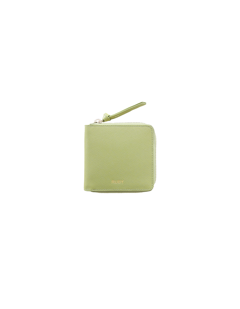 SQUARE ZIPPER WALLET KHAKI | Square shaped compact leather wallet which has room for four cards and a coin purse. Features a contrasting cream interior, gold hardware and an embossed gold RUBY.